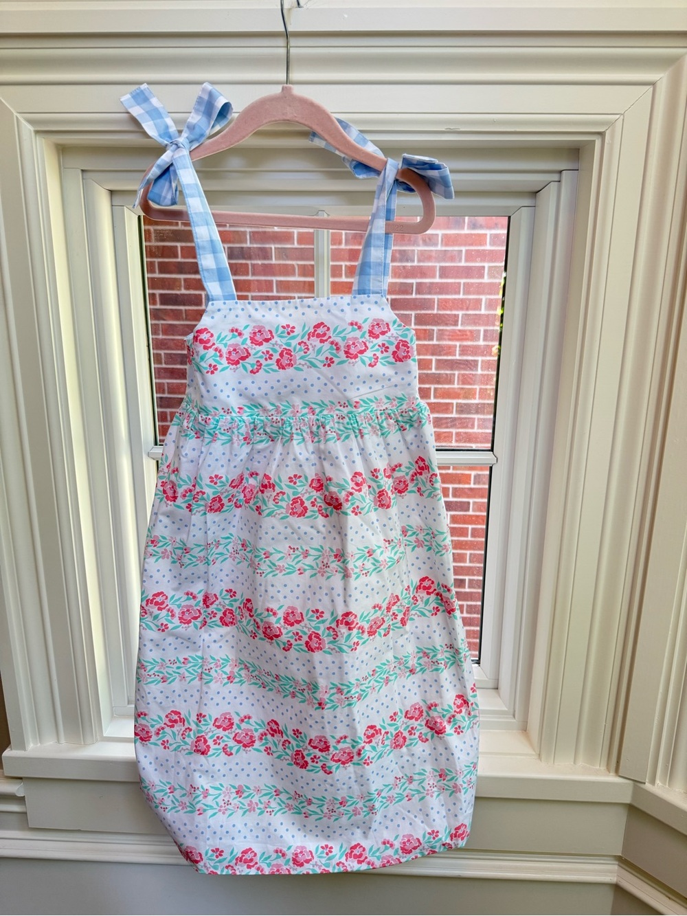 The Beaufort Bonnet Company White Dress with Pink Floral and Blue Gingham Ties